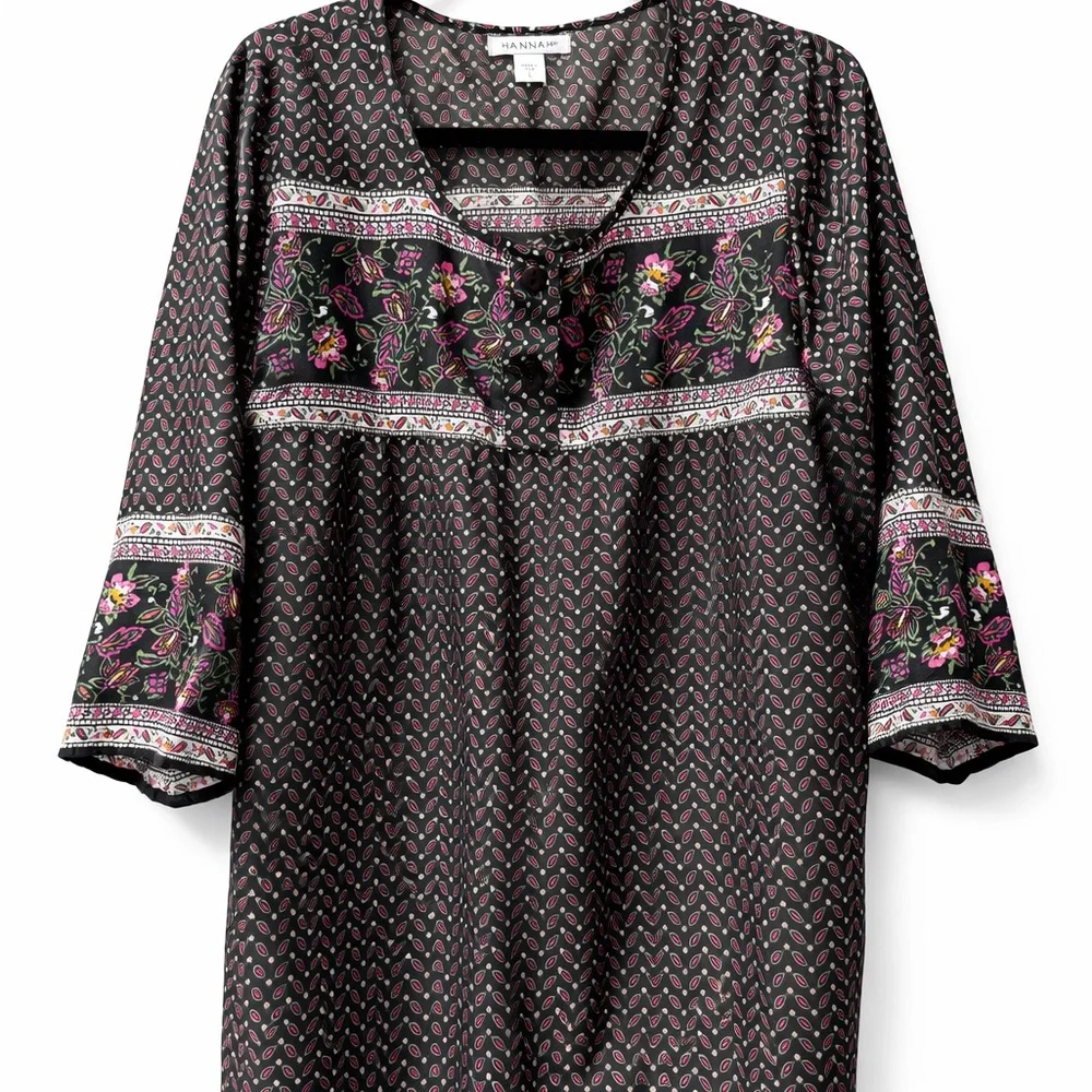Hannah Boho Floral Paisley Blouse L Black Pink 3/4 Sleeve Top - Picture 1 of 9